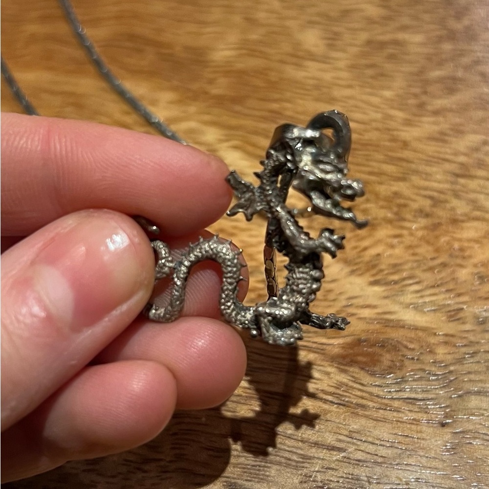 Vintage Pewter Dragon Pendant Necklace